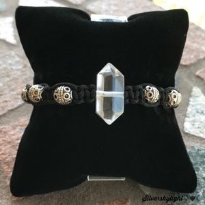 Crystal adjustable bracelet . Double point crystal quartz silver beads macrame